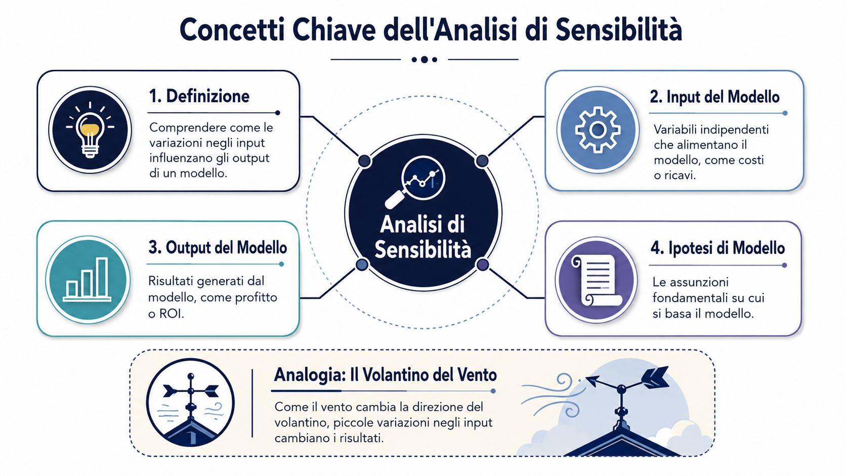 Diagramma che spiega i quattro concetti chiave dell'analisi di sensibilità con un'analogia sul vento.
