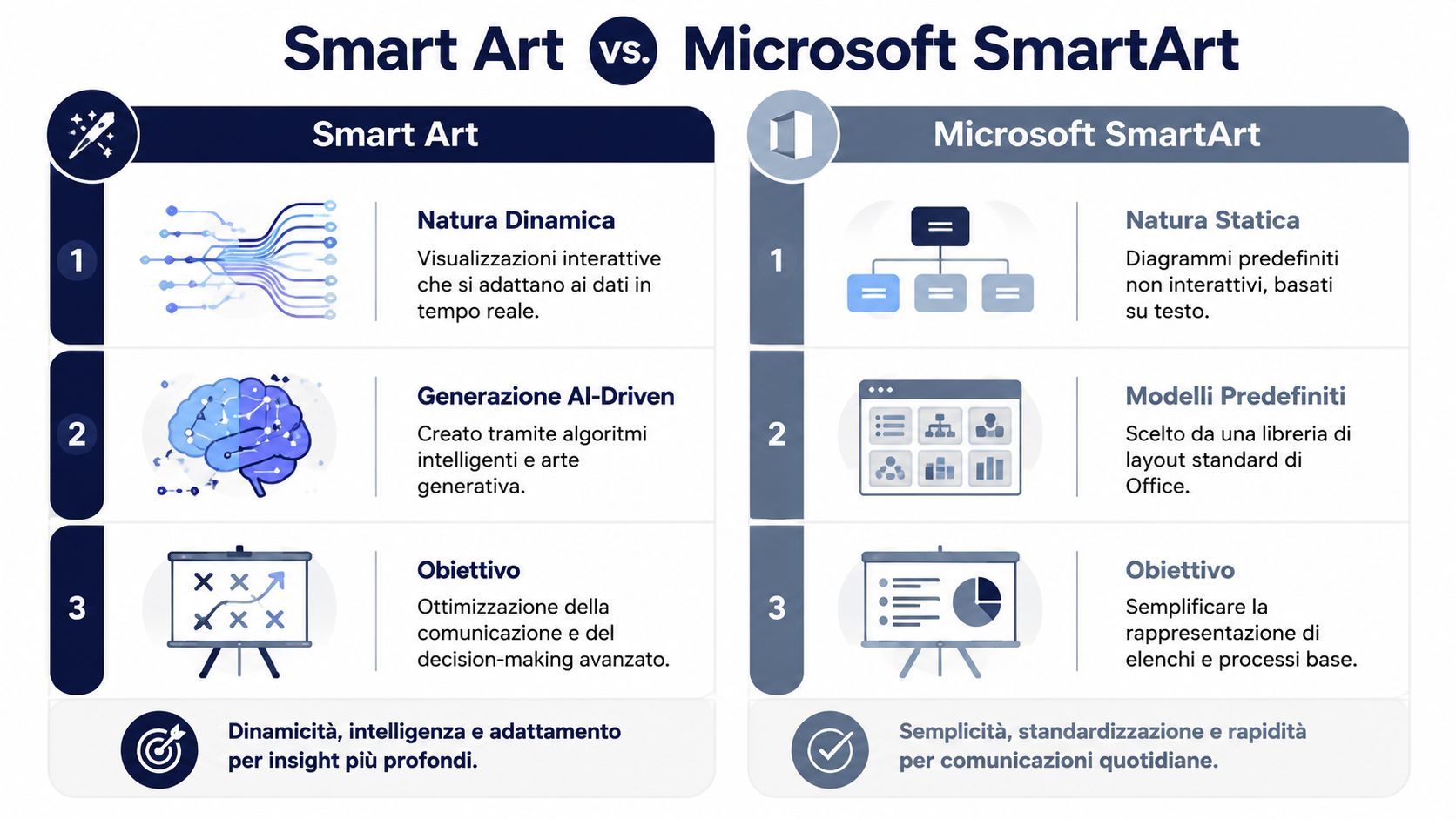 Confronto grafico tra le funzionalità dinamiche di Smart Art e gli strumenti statici di Microsoft SmartArt.