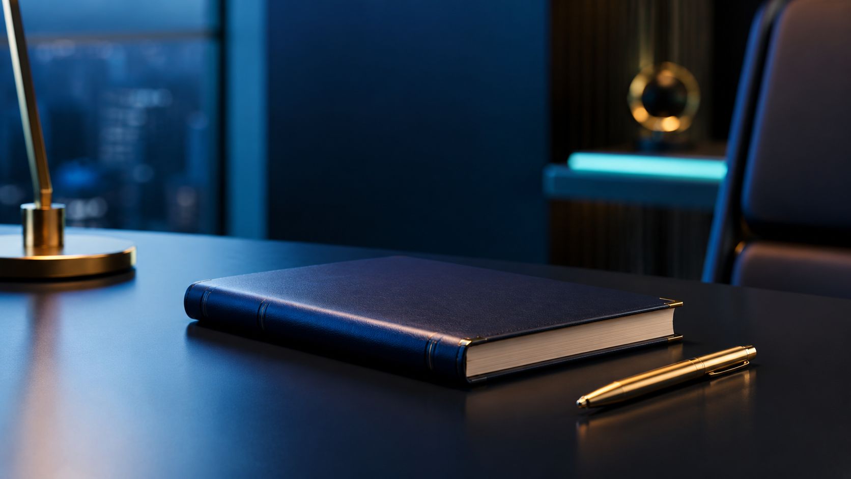 Un elegante diario in pelle blu posizionato su una scrivania moderna accanto a una penna dorata stilizzata.
