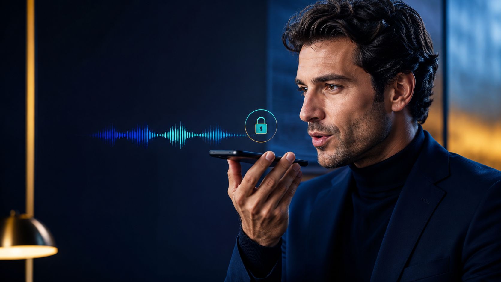 A businessman uses voice commands on his smartphone, with an encrypted lock icon visible on the screen.