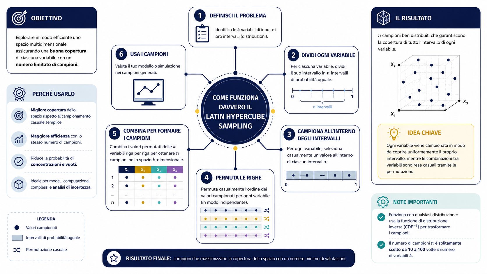 Infografica che spiega il funzionamento del campionamento a ipercubo latino per l'esplorazione efficiente di spazi multidimensionali.