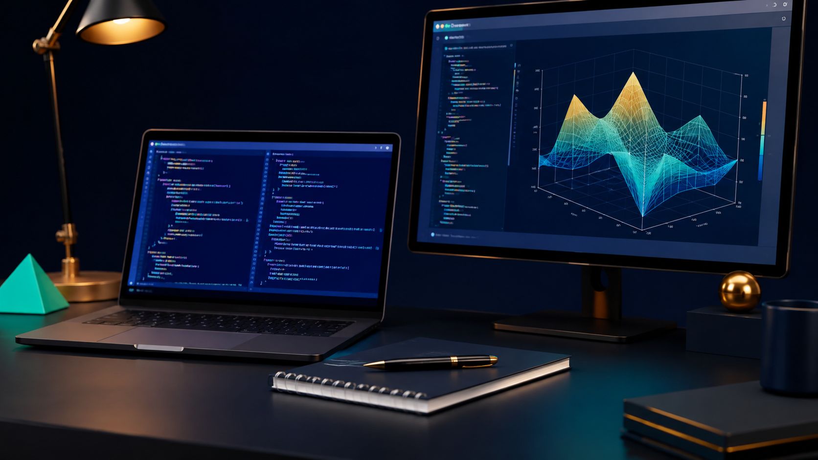 Scrivania da lavoro moderna con computer portatile e monitor che mostra codice e visualizzazioni grafiche 3D.