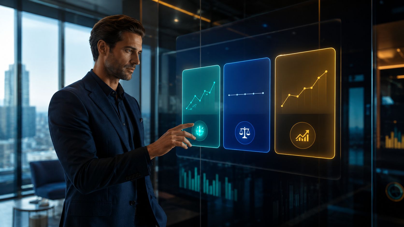 Un professionista in giacca e cravatta analizza dati finanziari su uno schermo olografico interattivo in un ufficio moderno.