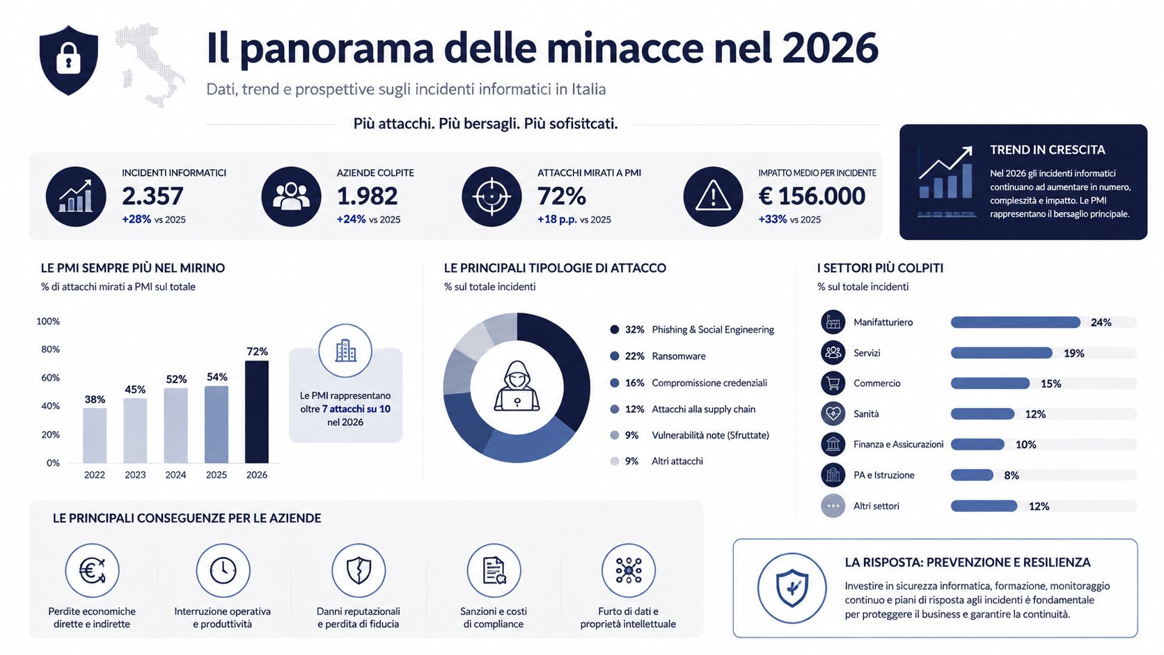 Infografica sul panorama delle minacce informatiche in Italia per le aziende nel 2026 con statistiche dettagliate.