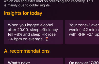 Text showing 'Insights for today' about alcohol logging reducing sleep efficiency and raising heart rate, and 'AI recommendations' section.
