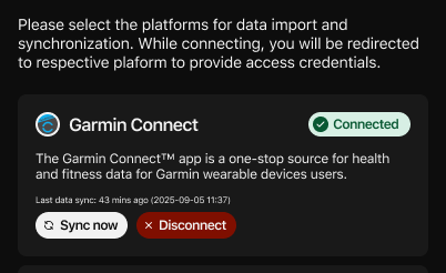 3Sense AI app settings screen showing data import and synchronization options for Garmin Connect and Polar Flow, both connected with sync and disconnect buttons.
