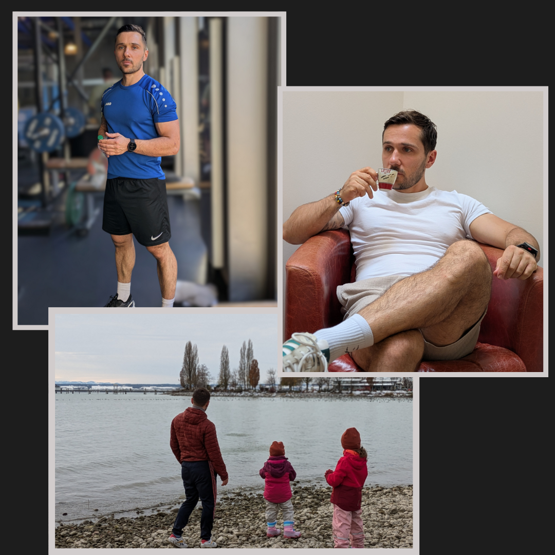 Personal Coach Marco Daferner im Alltag – beim Training, in der Regeneration und mit Familie. Symbolisiert Balance zwischen Fitness, Ernährung, Mindset und Familienleben.