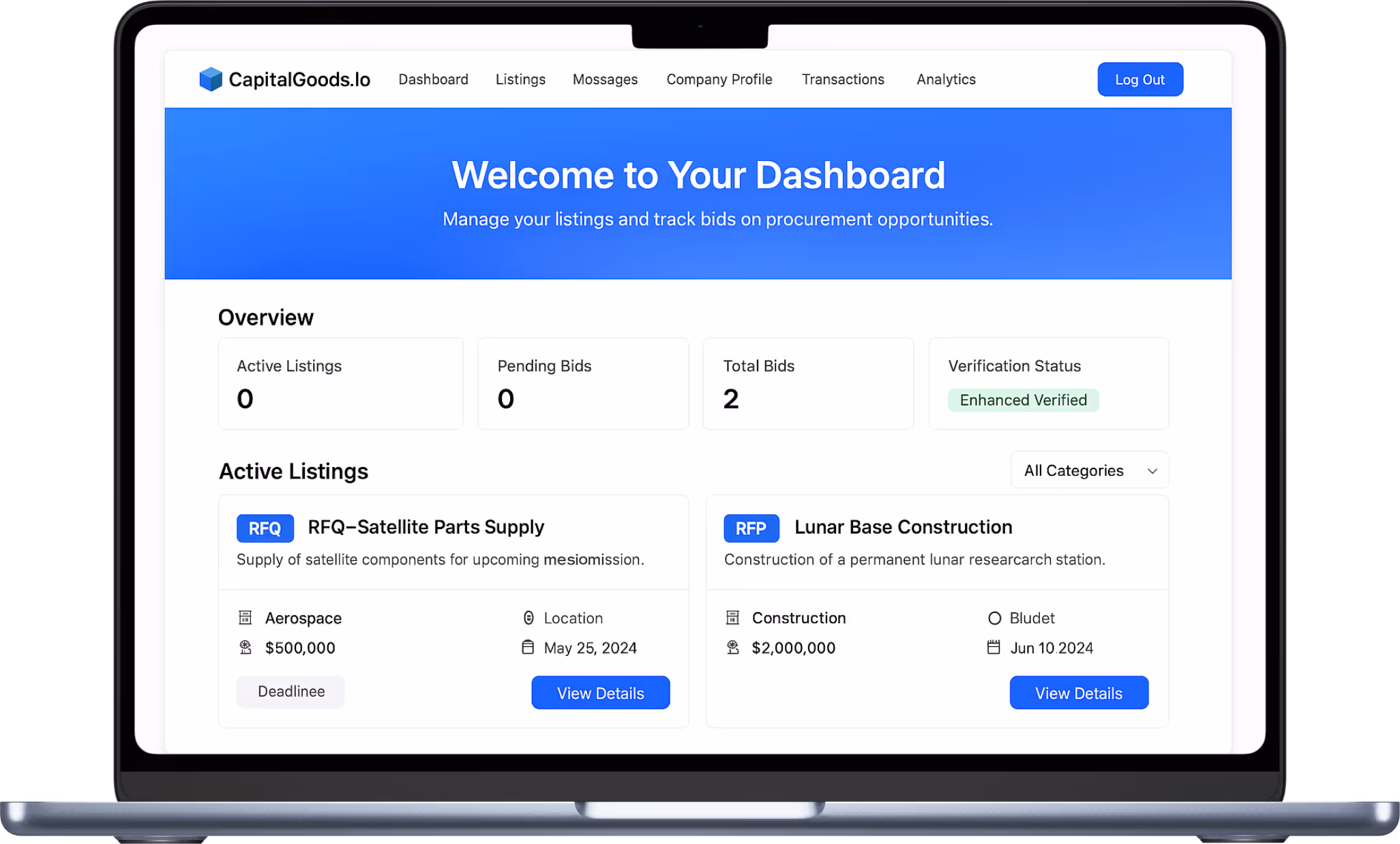 Laptop screen showing CapitalGoods.io dashboard with overview of active listings, bids, and verification status, plus details of two active listings for satellite parts supply and lunar base construction.