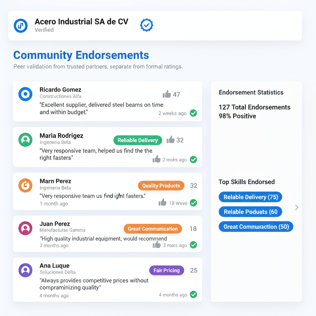 Community endorsements for Acero Industrial SA de CV showing peer validation comments with likes and tags for Reliable Delivery, Quality Products, Great Communication, and Fair Pricing. Endorsement statistics show 127 total endorsements with 98% positive. Top skills endorsed include Reliable Delivery, Reliable Products, and Great Communication.
