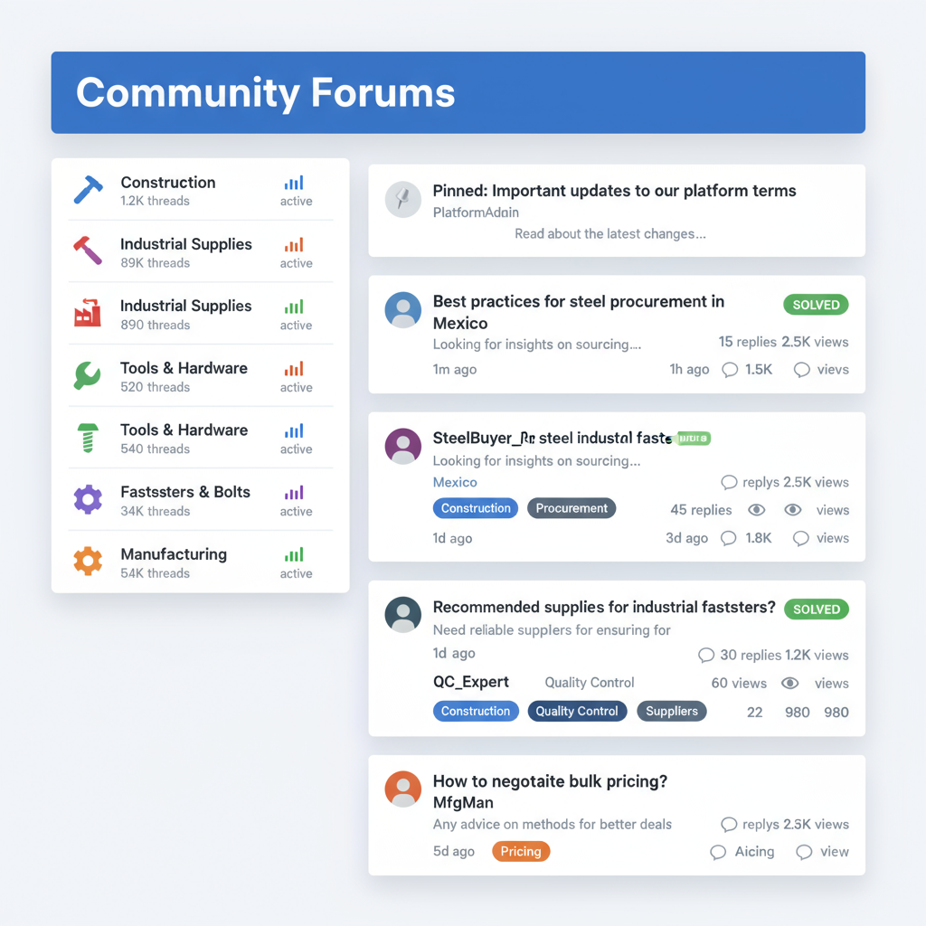 Community Forums page showing categories like Construction, Industrial Supplies, Tools & Hardware, Fasteners & Bolts, and Manufacturing with thread counts and active status, alongside discussion posts including topics on platform updates, steel procurement in Mexico marked solved, sourcing insights, recommended supplies, and bulk pricing advice.
