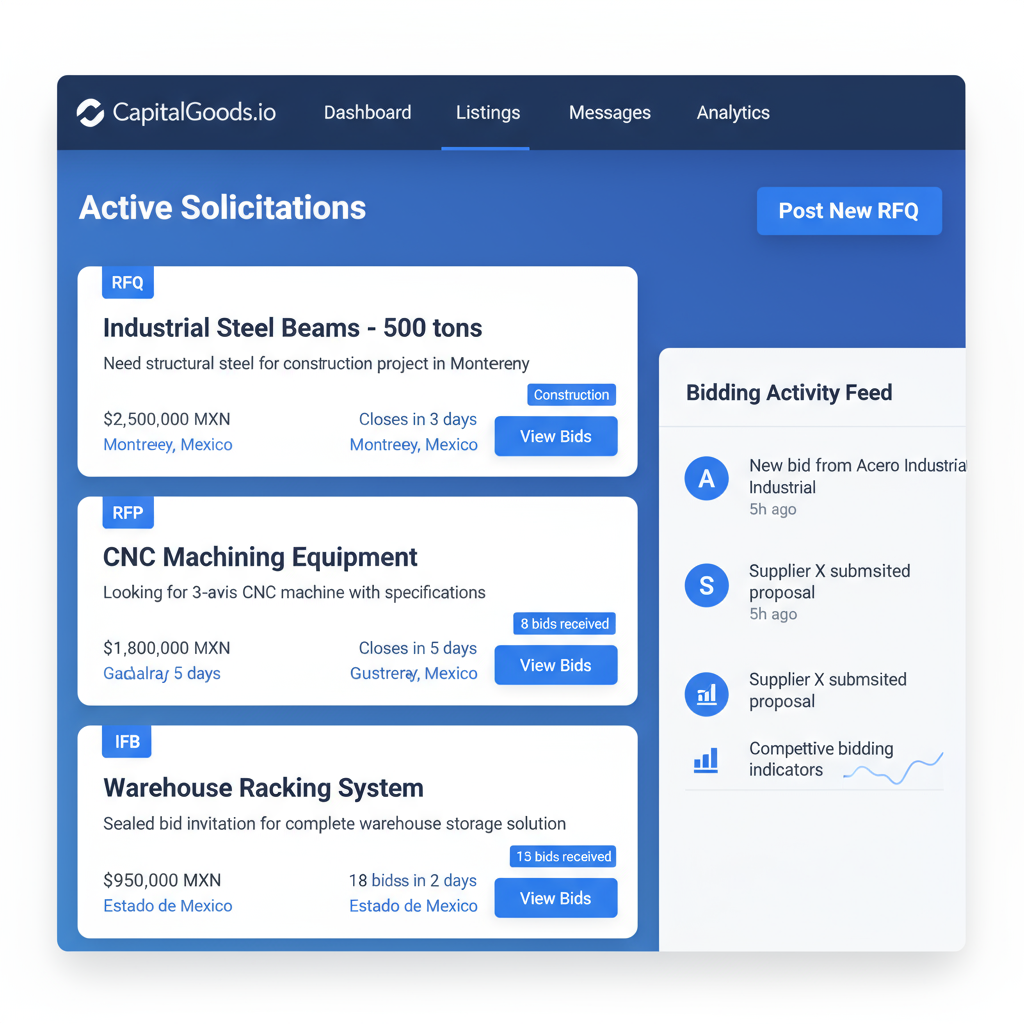 Dashboard from CapitalGoods.io showing active solicitations for industrial steel beams, CNC machining equipment, and warehouse racking system, with bidding activity feed on the right.