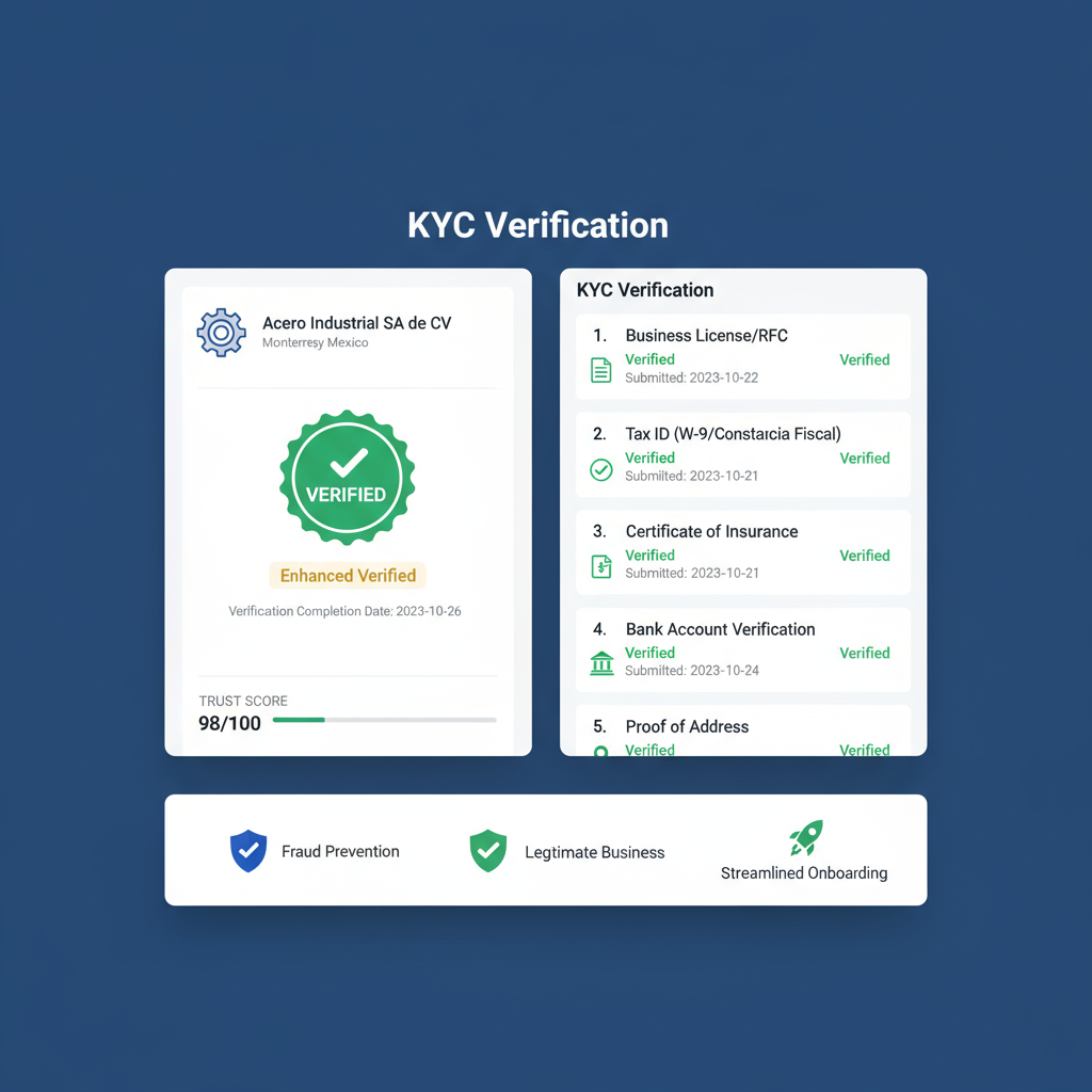 KYC Verification dashboard showing Acero Industrial SA de CV with Enhanced Verified badge, trust score 98/100, and a list of verified documents including business license, tax ID, insurance certificate, bank account verification, and proof of address.
