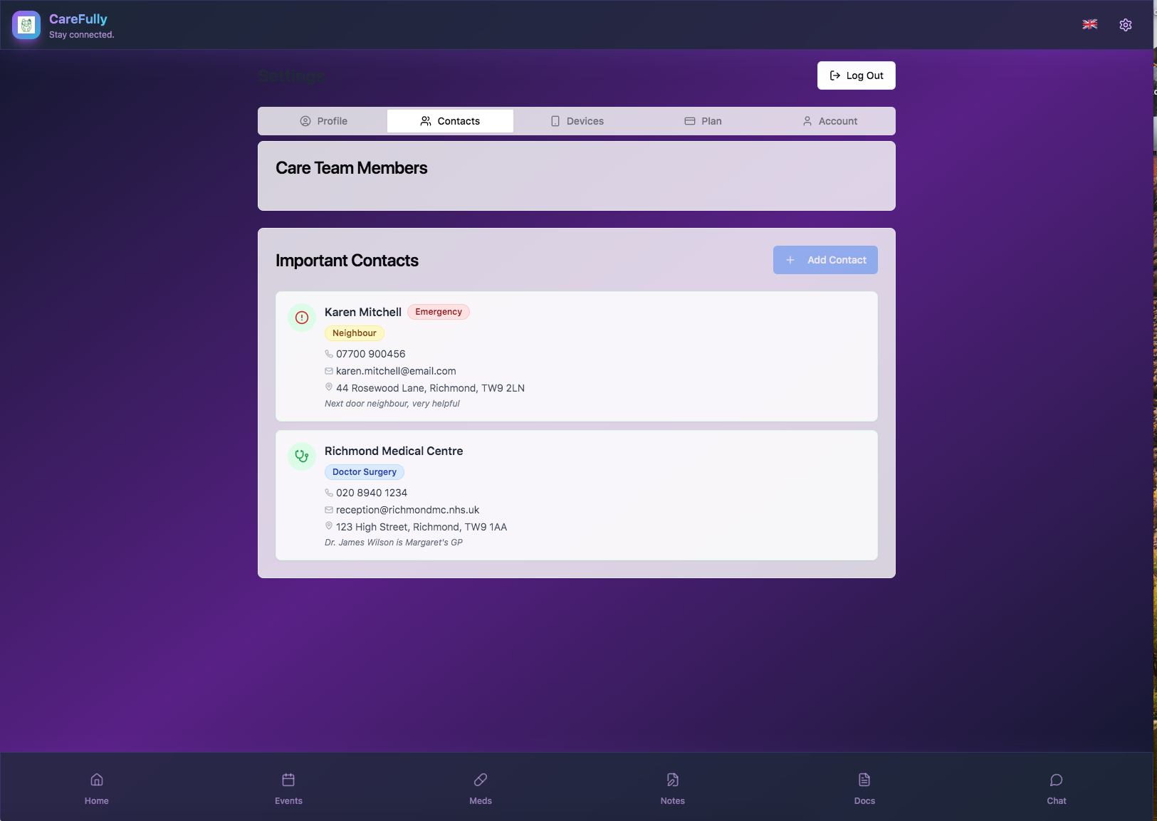 CareFully app contacts tab showing two important contacts: Karen Mitchell, an emergency neighbour with phone, email, and address; Richmond Medical Centre doctor surgery with phone, email, and address.