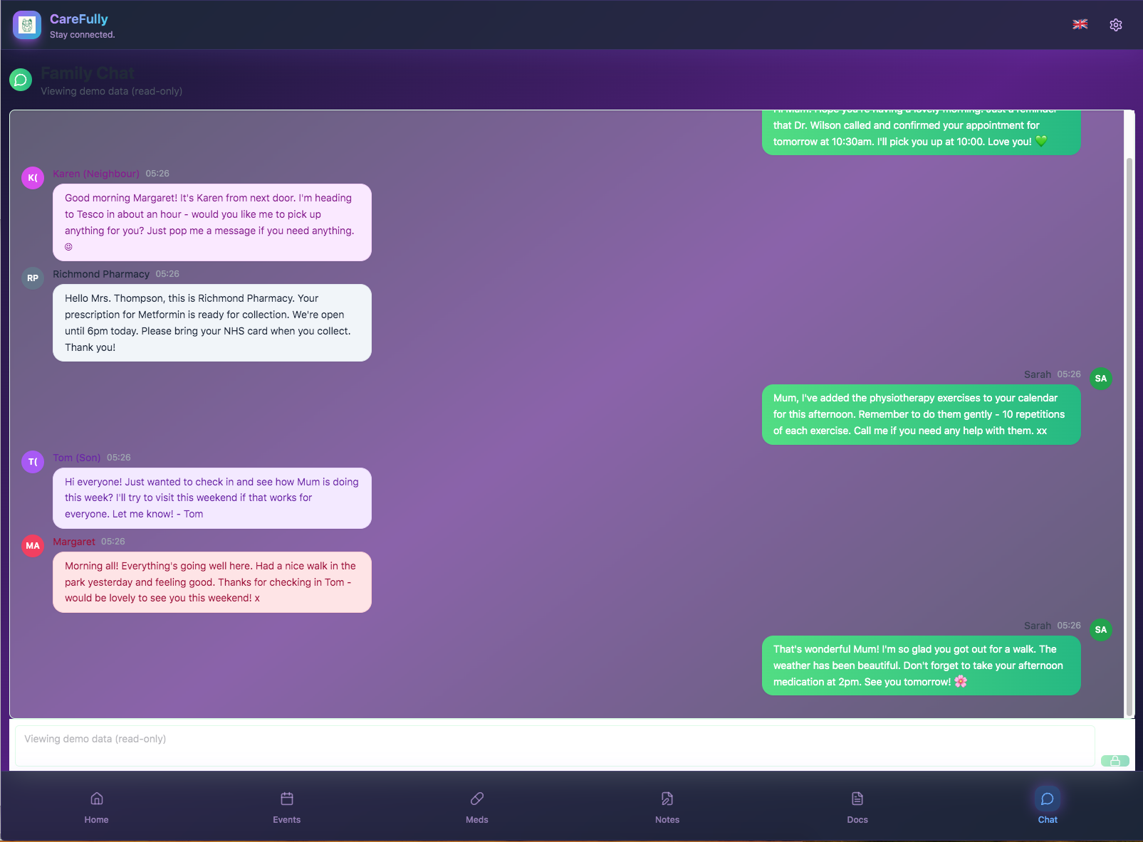 CareFully app family chat screen with messages about prescriptions, physiotherapy exercises, and wellbeing updates on a purple gradient background.