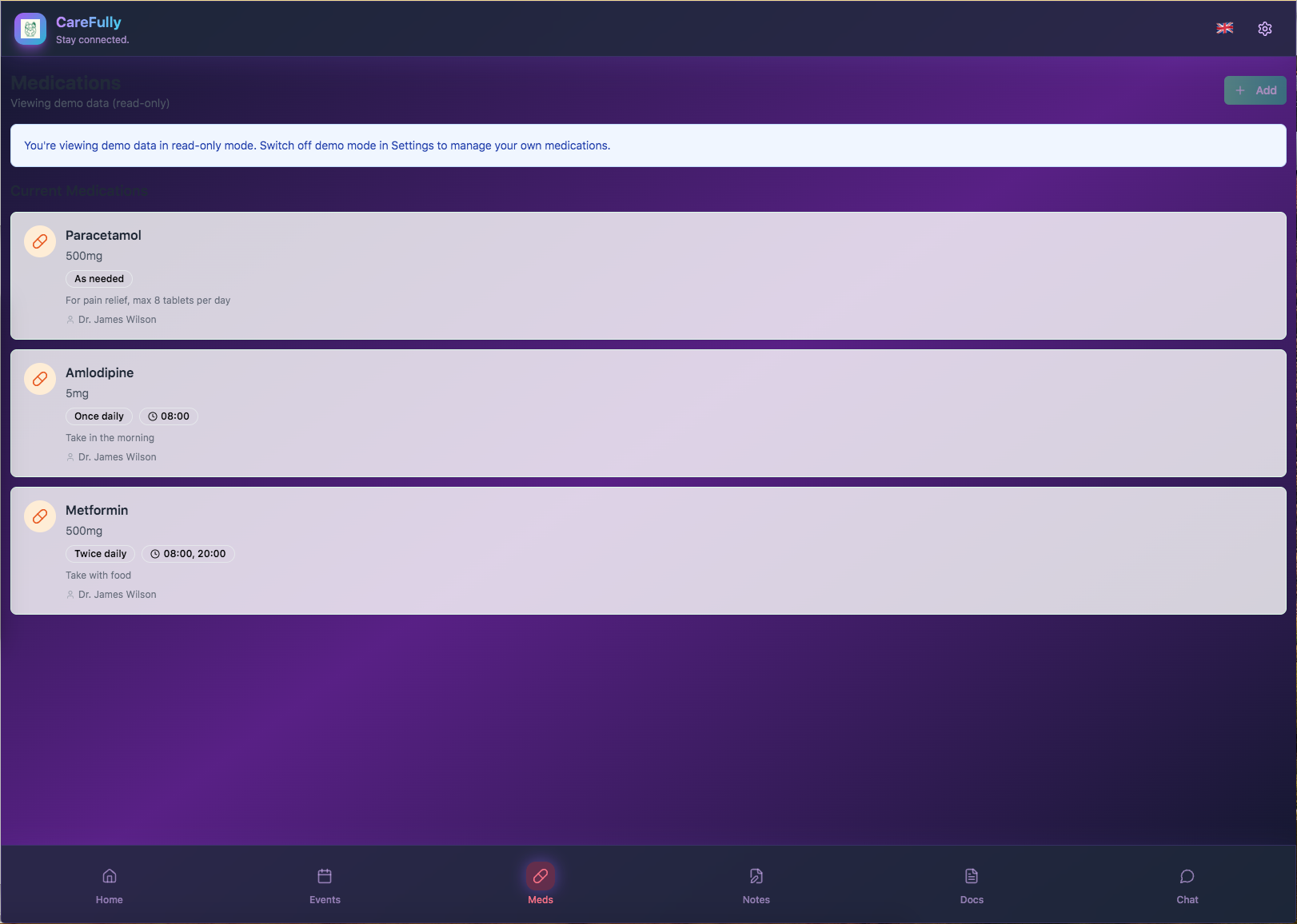 Medication list on CareFully app showing Paracetamol 500mg as needed, Amlodipine 5mg once daily at 08:00, and Metformin 500mg twice daily at 08:00 and 20:00, prescribed by Dr. James Wilson.
