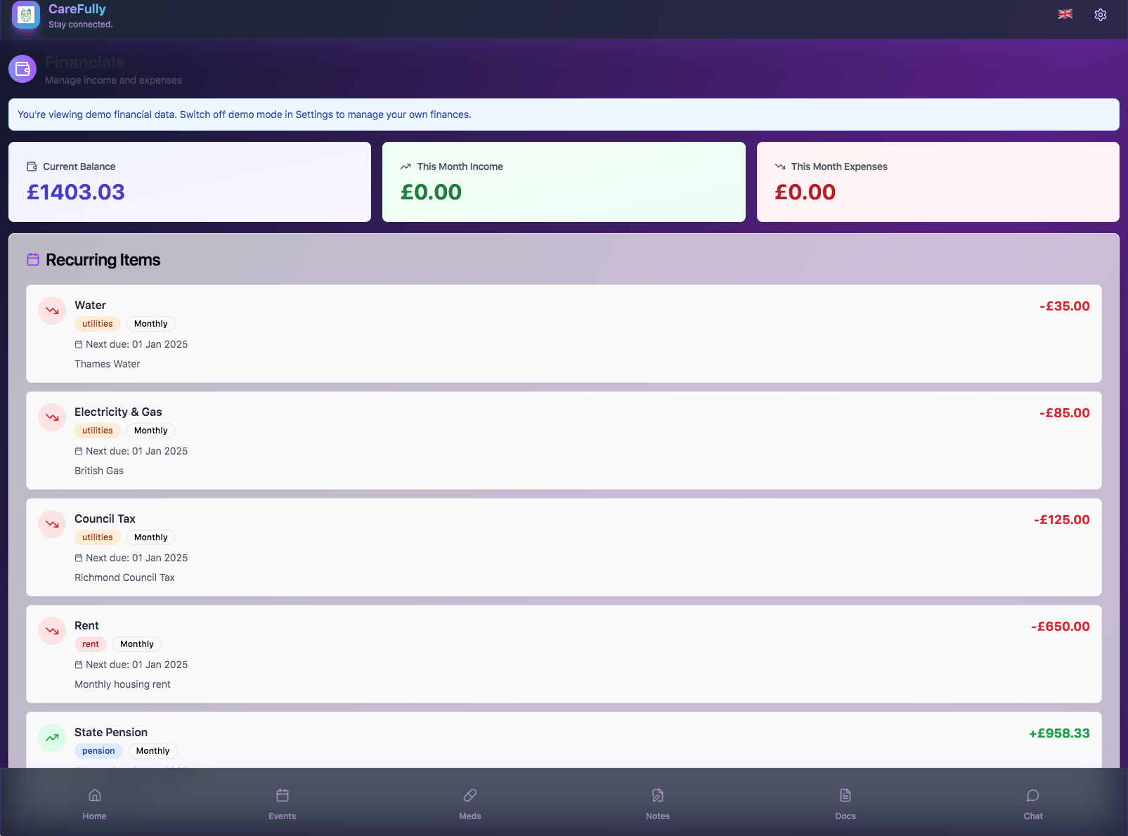 Financial dashboard showing current balance £1403.03, income and expenses for the month at £0.00. List of recurring items includes Water, Electricity & Gas, Council Tax, Rent, and State Pension with respective amounts and next due dates.