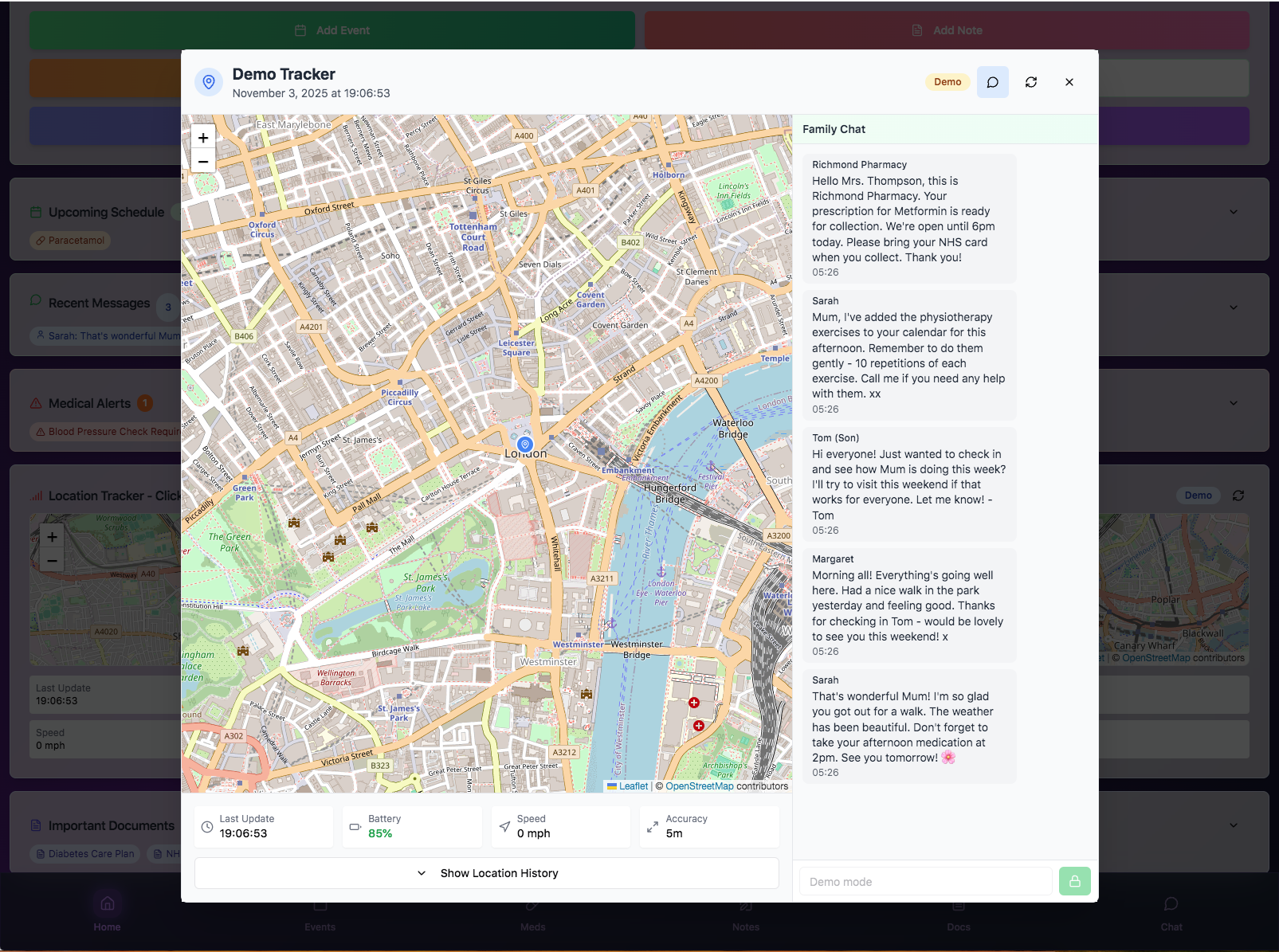 User interface showing a London map with a location marker and a family chat panel with messages regarding medication, physiotherapy, and check-ins.