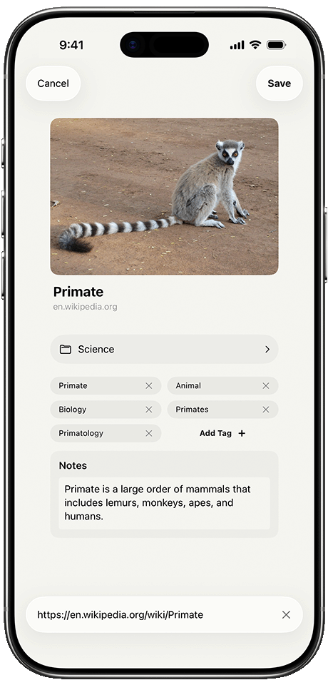 Gempod app running on an iPhone displaying the link preview and link analysis with tags, category and summary