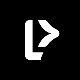 White stylized 'L' with a curved arrow cutout on black background.