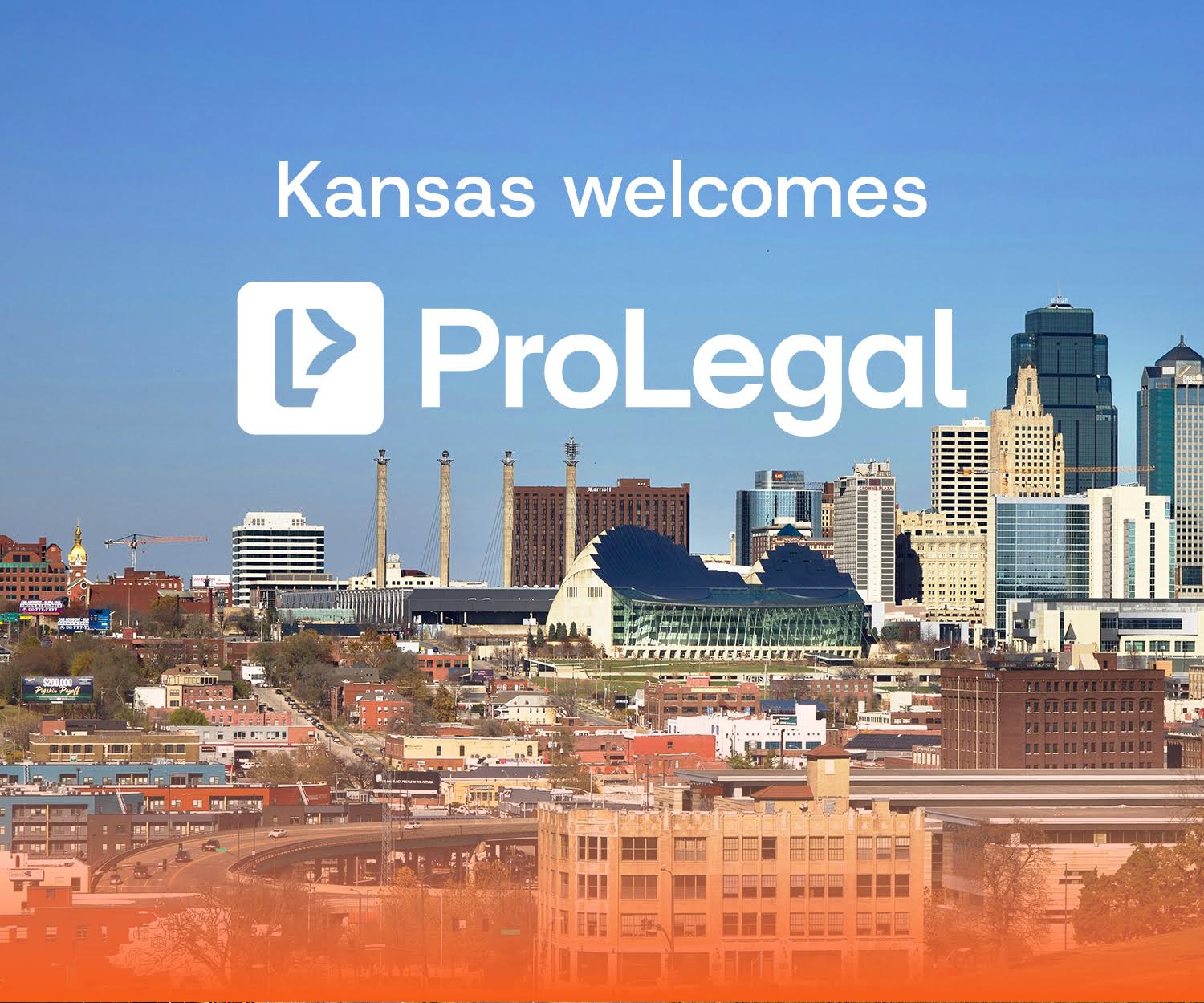 ProLegal logo over a Kansas City skyline with the words "Kansas welcomes ProLegal."