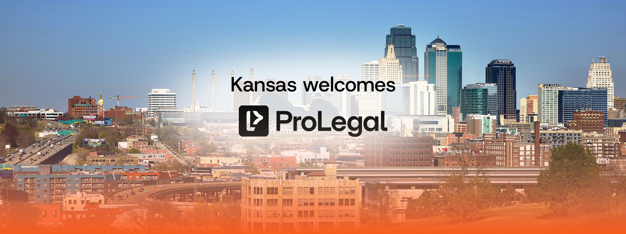 ProLegal logo over a Kansas City skyline with the words "Kansas welcomes ProLegal."