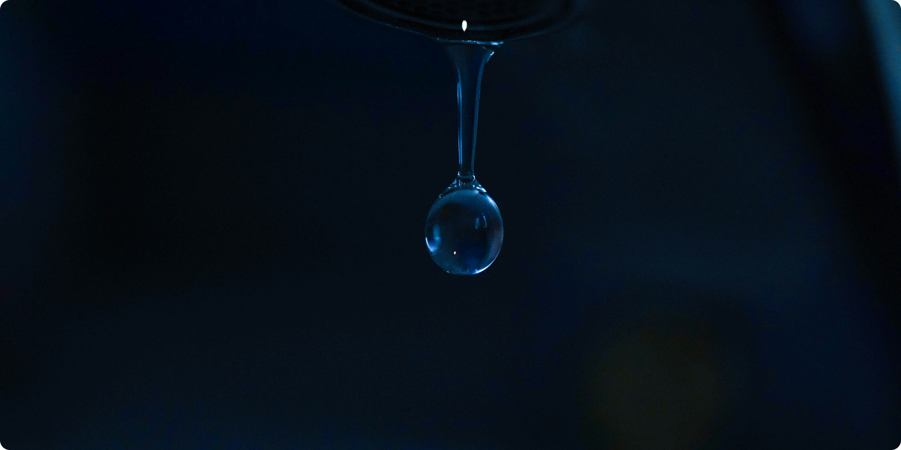 Close-up of a single water droplet hanging from a narrow stem against a dark background.