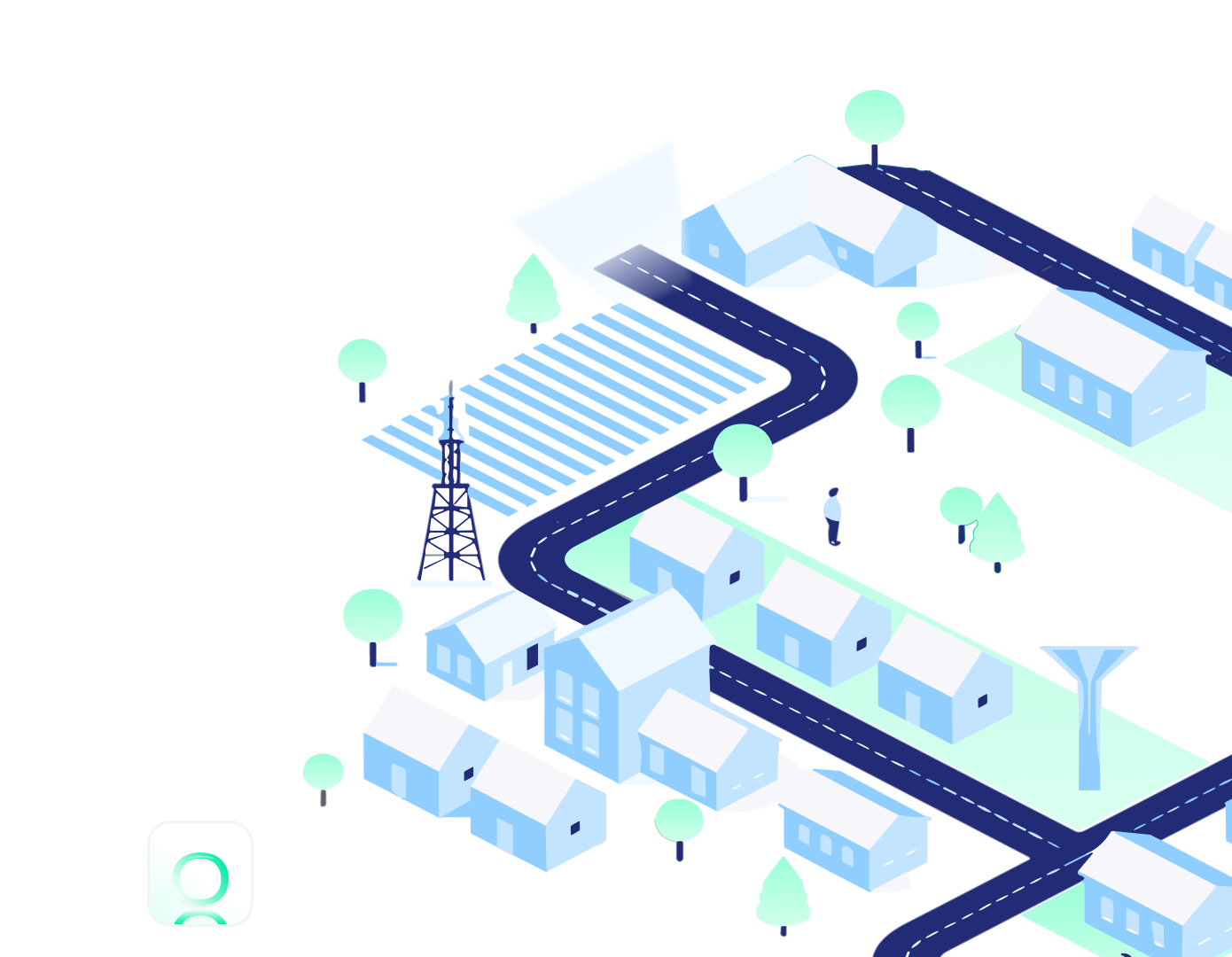 Isometric illustration of a small town with blue houses, winding dark roads, green trees, a person standing near houses, a radio tower, and a water tower.