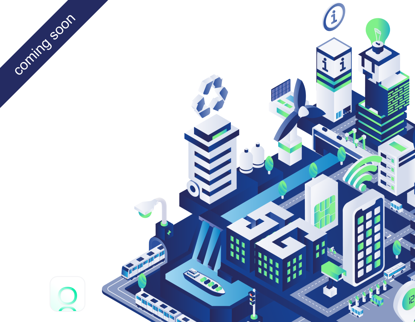 Isometric illustration of a sustainable smart city with solar panels, wind turbine, recycling symbol, public transportation, and digital technology icons.