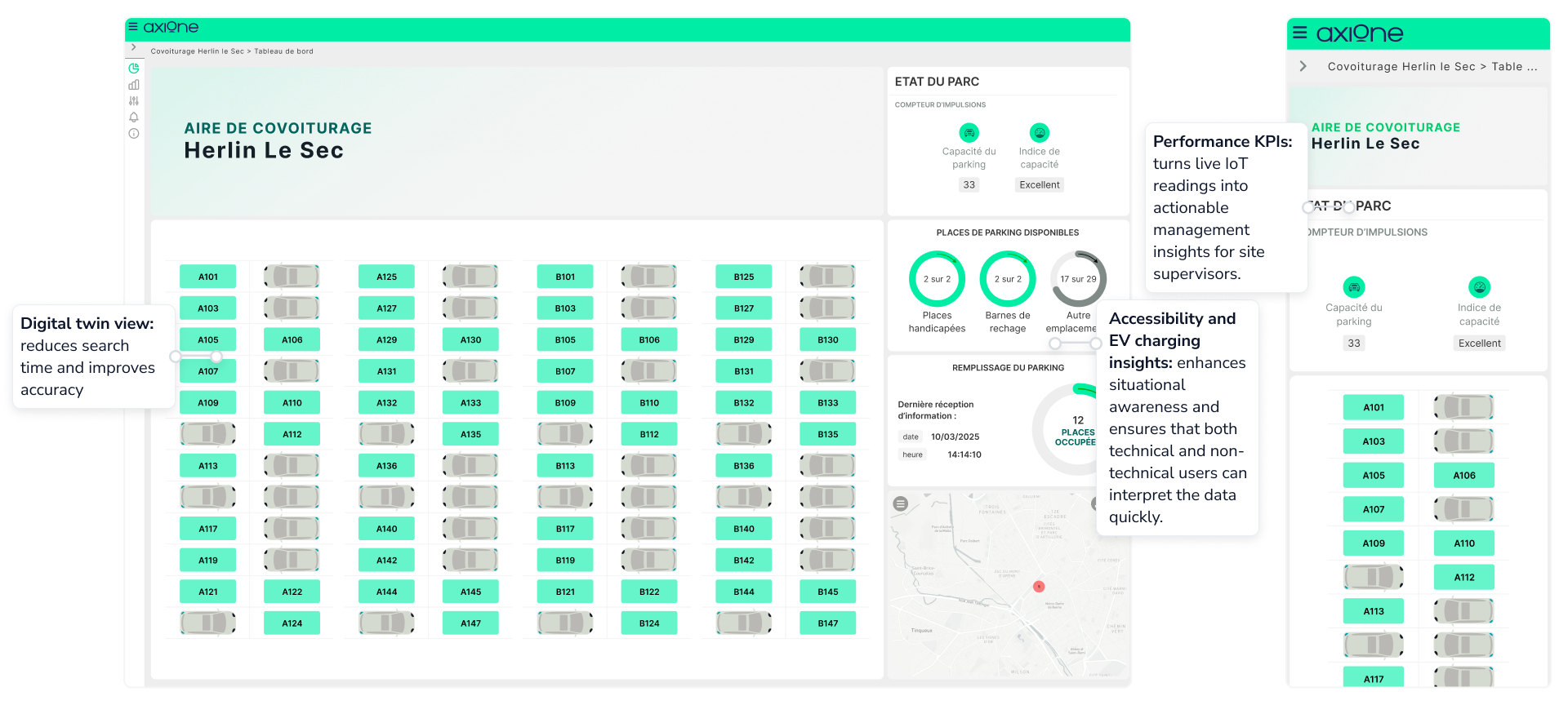 Digital dashboard showing Herlin Le Sec carpool parking area with labeled parking spots, occupancy status, capacity indicators, and a location map.