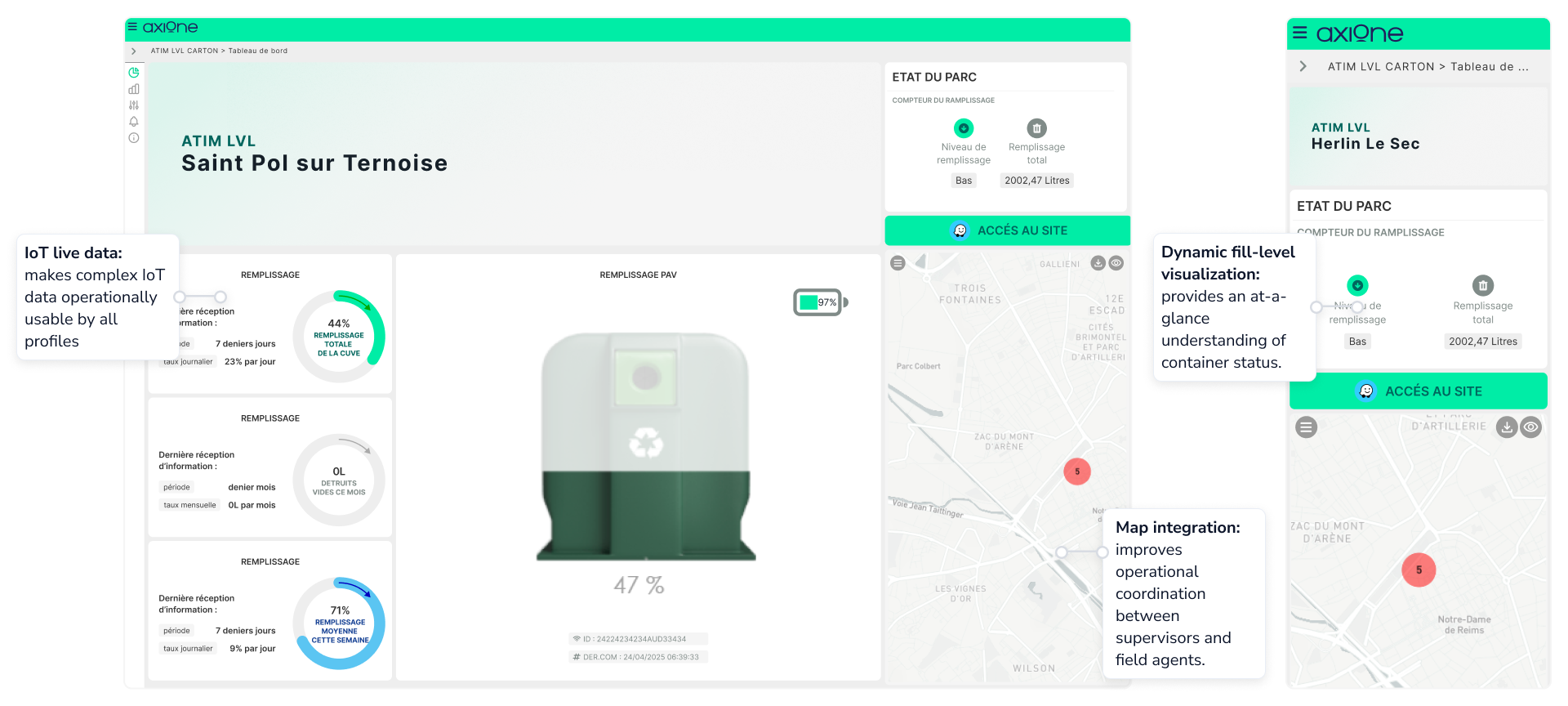 Dashboard interface showing IoT live data on fill-levels and container status for waste management in Saint Pol sur Ternoise with dynamic fill-level visuals and map integration for operational coordination.
