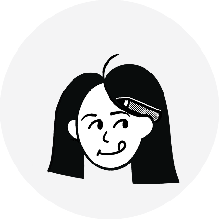 Black and white illustration of a girl with straight hair and a hair clip, making a playful face.