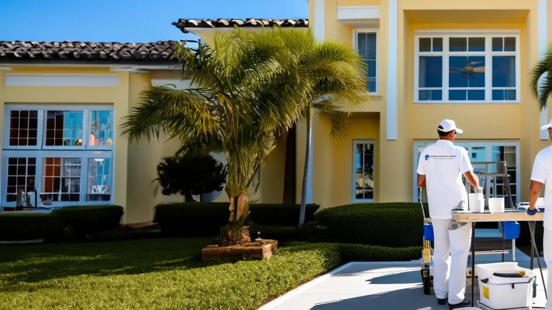 yellow painted house in miami with painter wearing roque house painting uniform