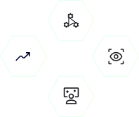 Four hexagons arranged in a diamond shape containing icons of an upward arrow, a connected network, an eye, and a portrait photo.