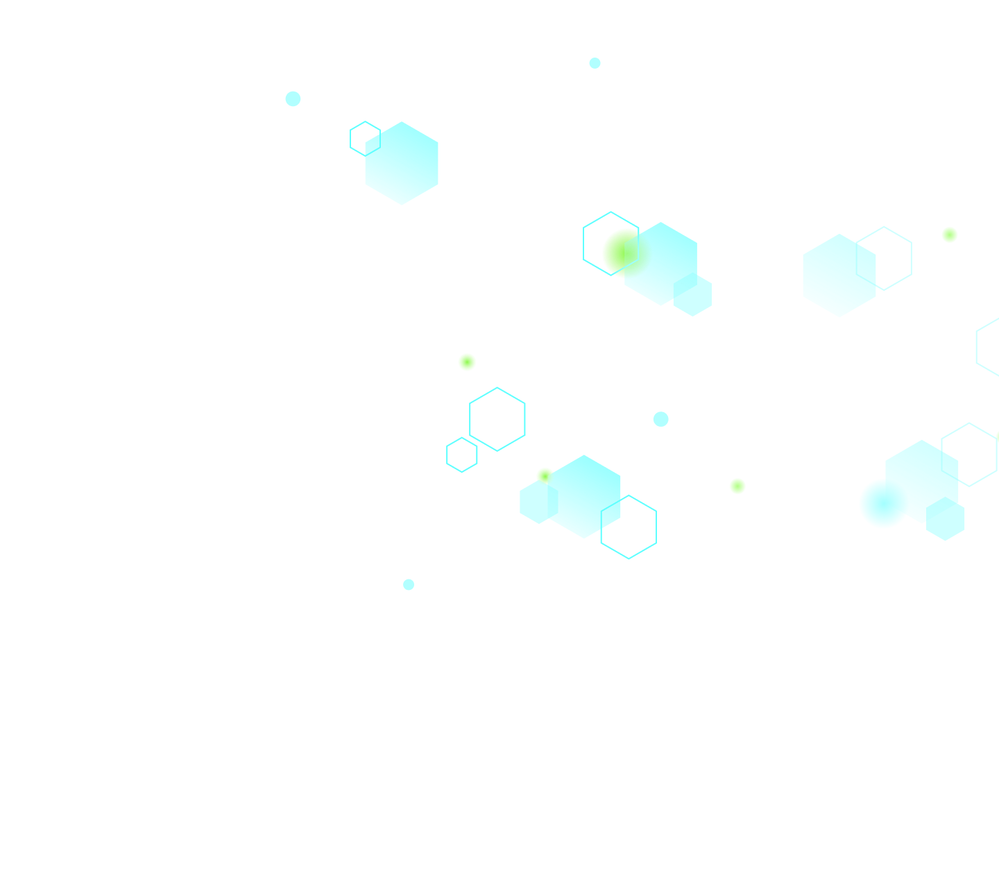 Abstract pattern of turquoise and light green hexagons and circles on a black background.