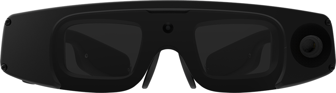 Black augmented reality smart glasses with built-in camera and tinted lenses.