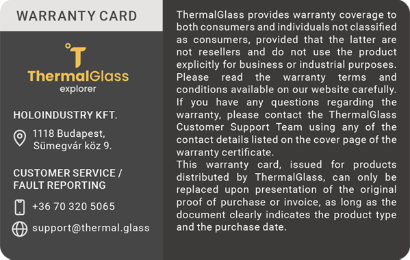 ThermalGlass warranty card with an image of ThermalGlass smart glasses on a dark gray background.