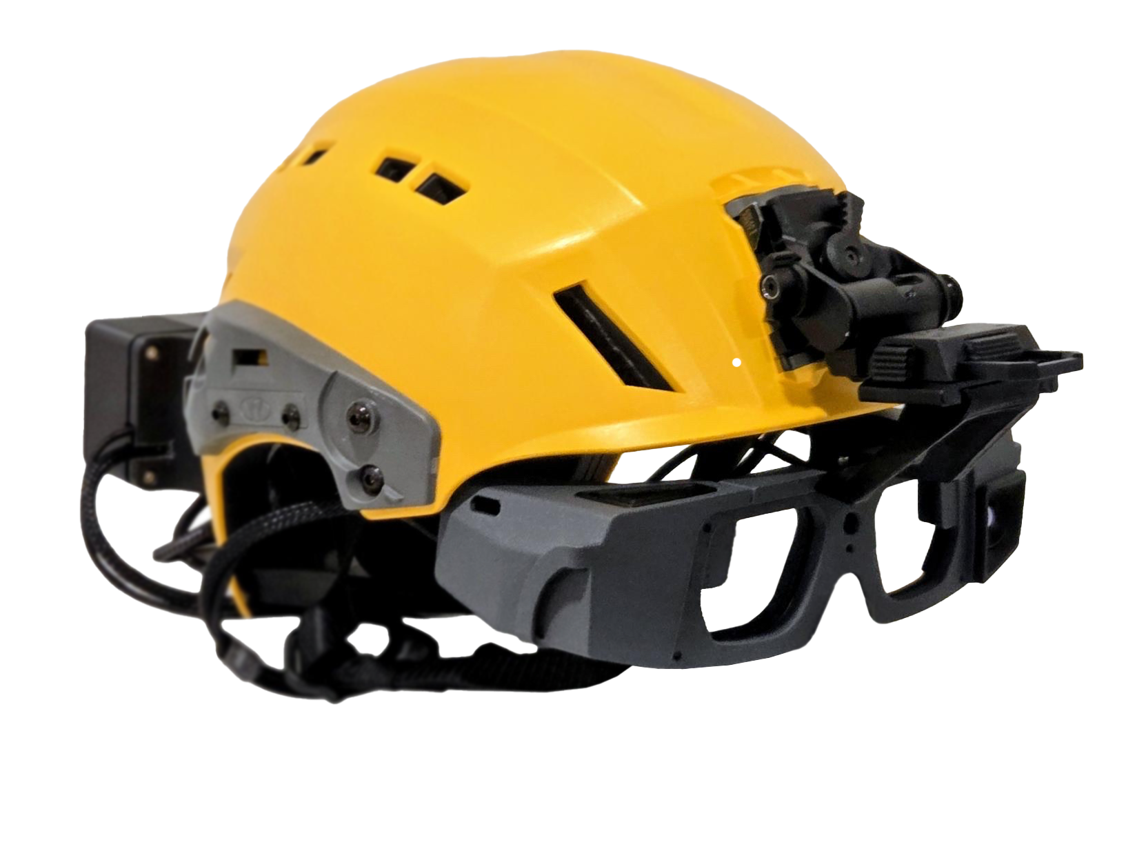 Yellow safety helmet equipped with a black mounted camera and attached gray protective goggles.