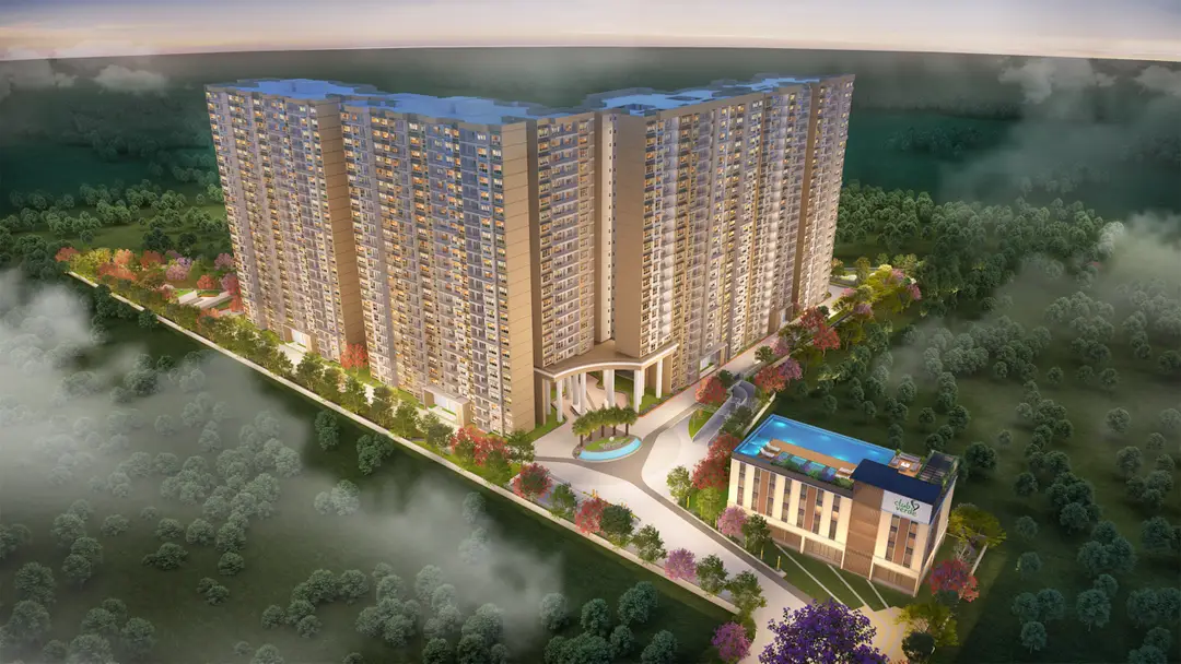 Aerial view of a large modern residential apartment complex with multiple floors, surrounded by trees and landscaping, featuring a separate building with a rooftop swimming pool.