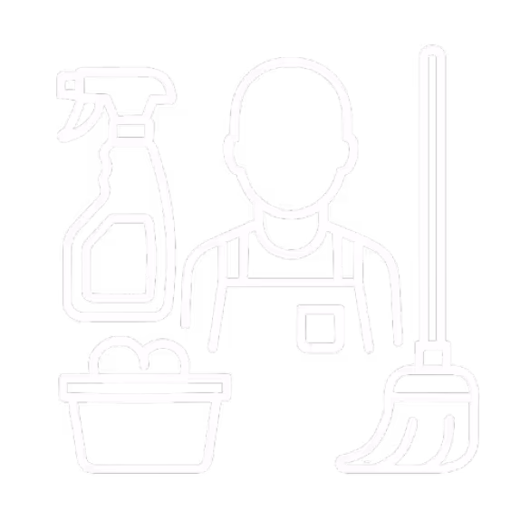 Icon of a person wearing an apron surrounded by cleaning supplies including a spray bottle, bucket with bubbles, and a broom.