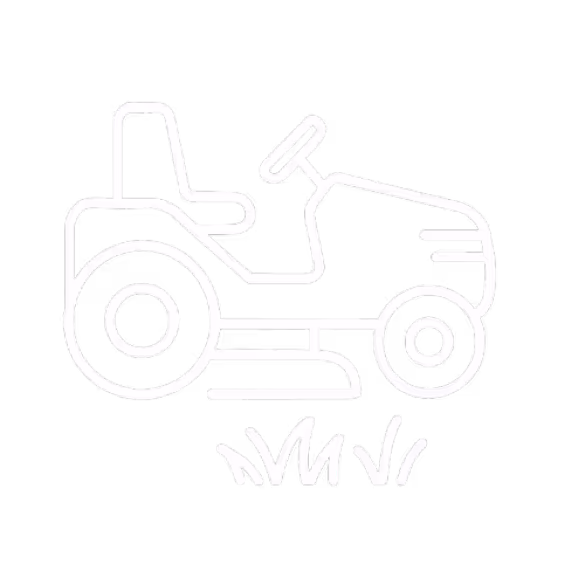 White line icon of a lawn mower with grass underneath on a black background.