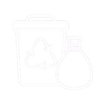 Icon of a recycling bin with a recycle symbol and a tied garbage bag beside it. 