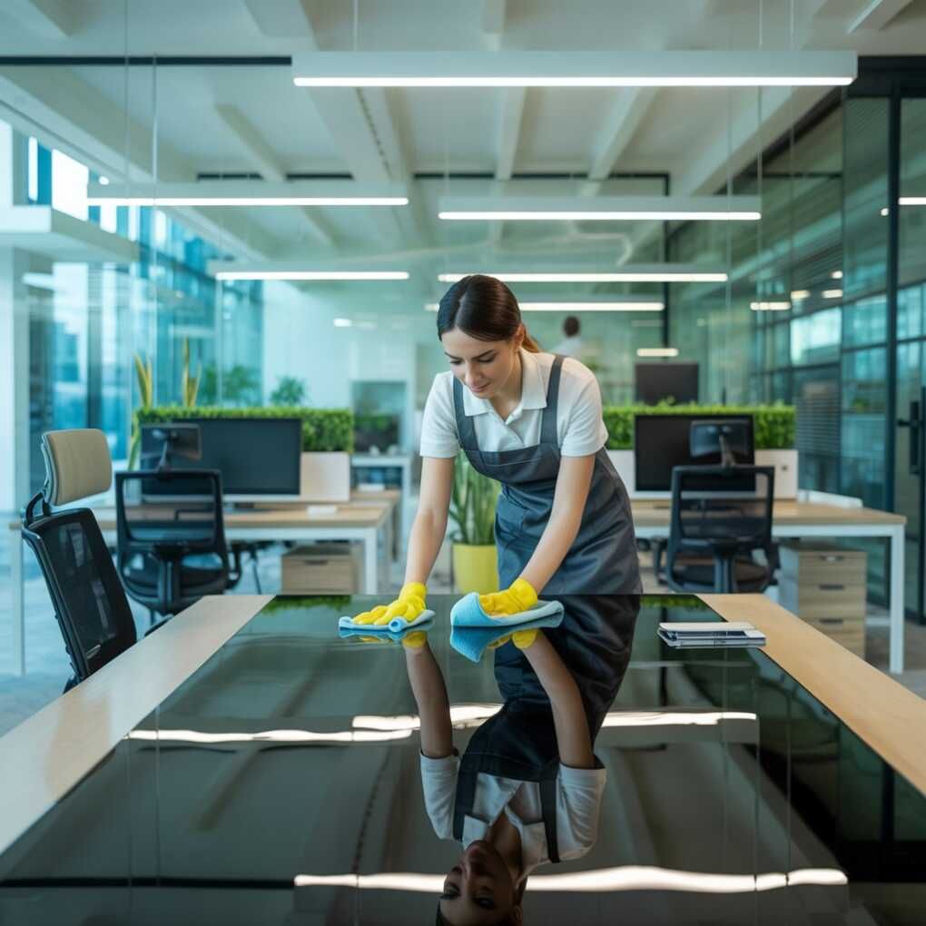 Woman wearing yellow gloves cleaning a large glass table in a modern office space.