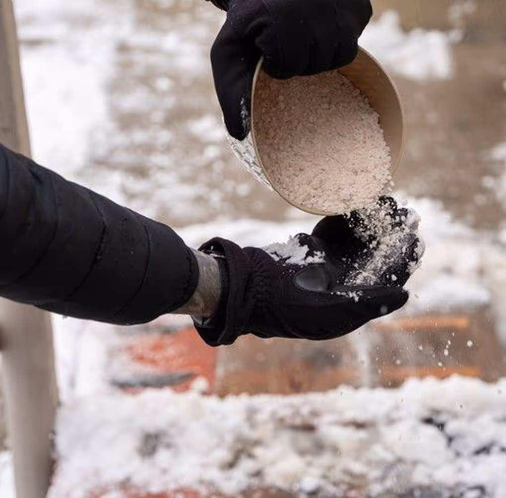 Person wearing black gloves pouring granular ice melt onto their gloved hand over a snowy surface.