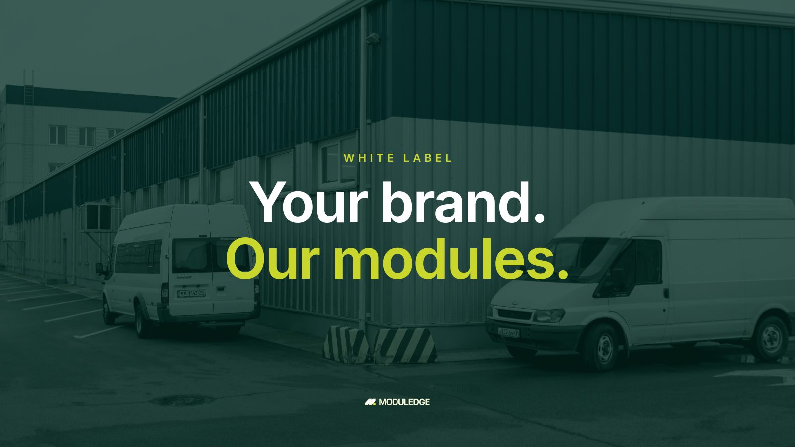 Blue-and-white industrial manufacturing building, with the headline "Your brand. Our modules."
