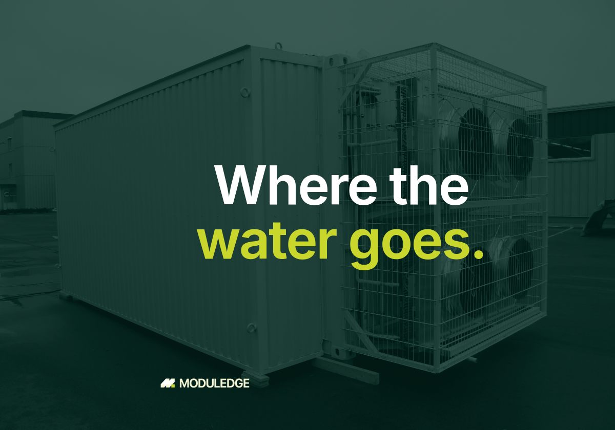 Container-mounted multi-fan cooling assembly behind a protective cage, with the headline "Where the water goes."