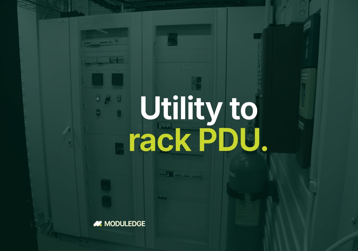 Electrical cabinet and fire-protection equipment inside a modular data-center room, with the headline "Utility to rack PDU."