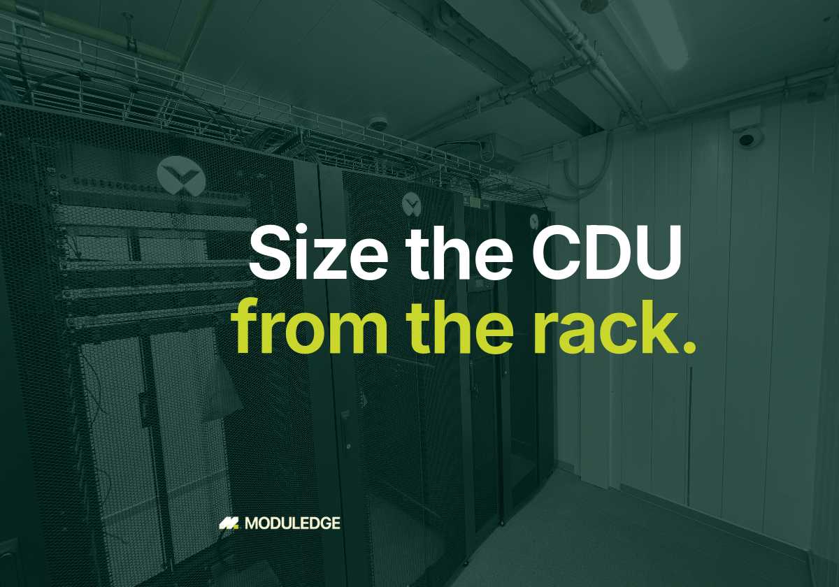Server cabinets and cable routes inside a modular data-center room, with the headline "Size the CDU from the rack."
