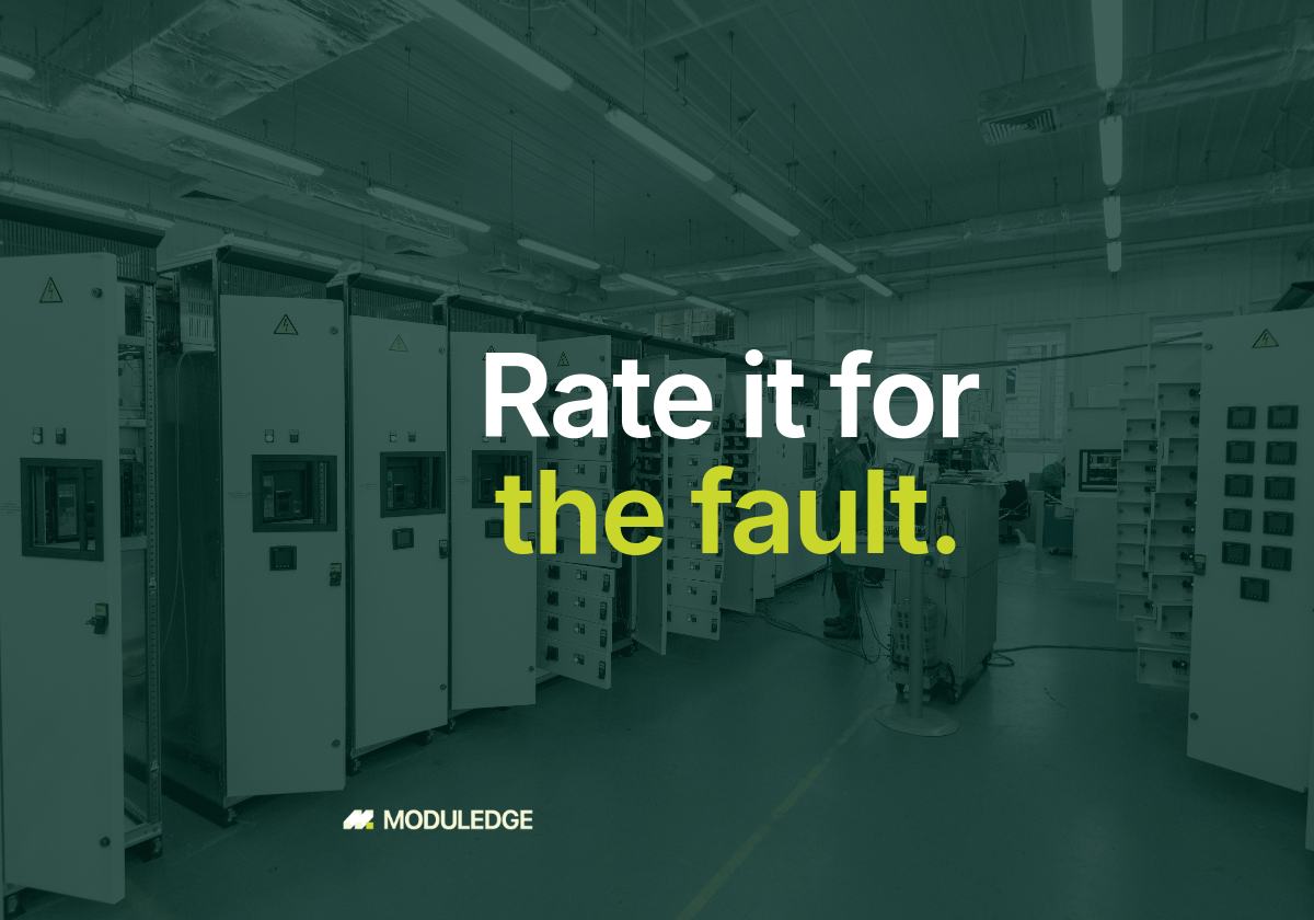Row of electrical switchgear cabinets in a workshop, with the headline "Rate it for the fault."
