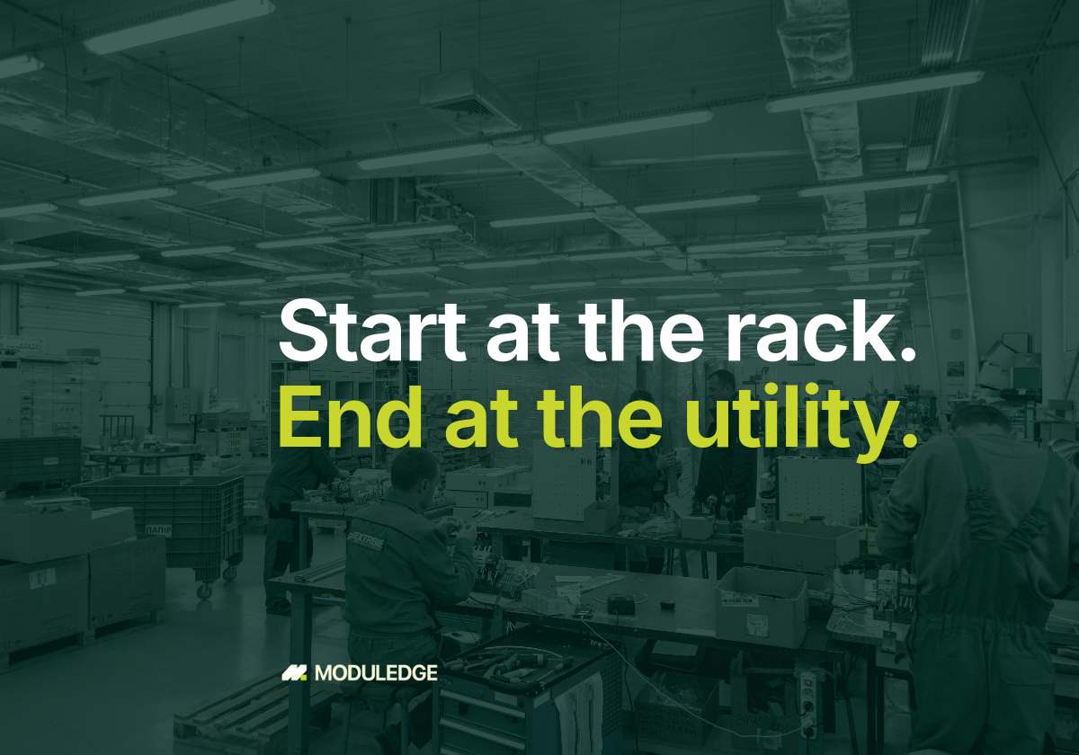Line of electrical switchgear cabinets in a workshop, with the headline "Start at the rack. End at the utility."