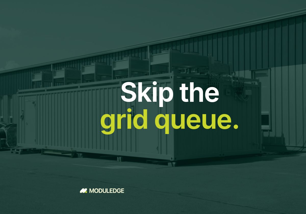 Two white modular data-center containers outside an industrial building, with the headline "Skip the grid queue."
